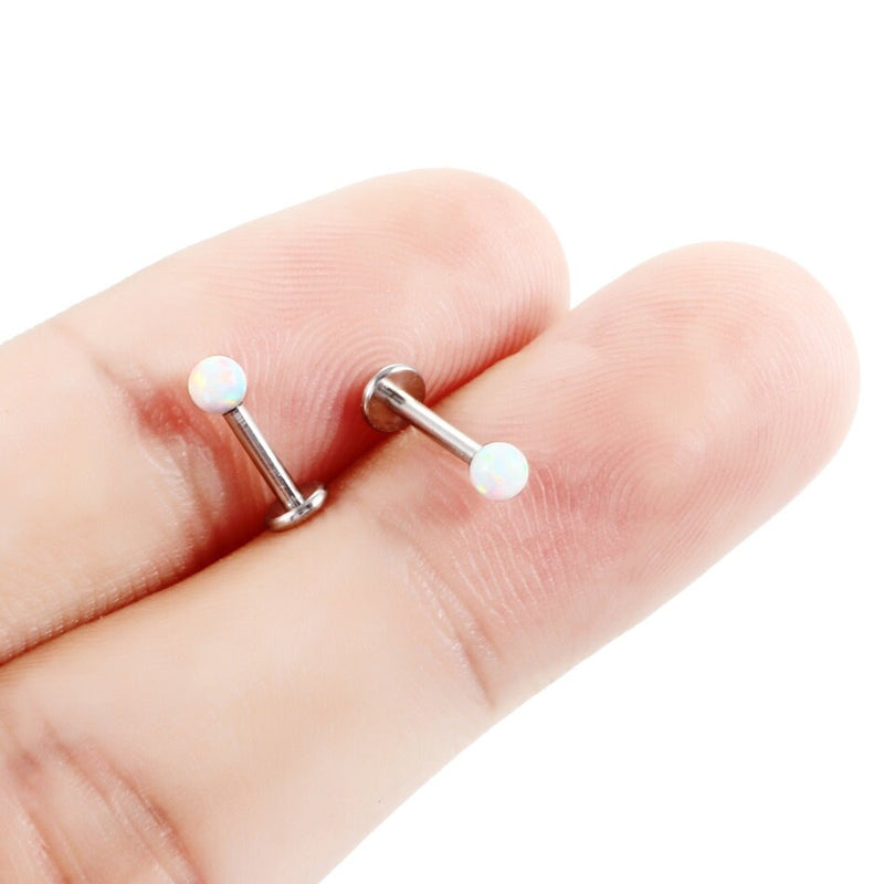 16G surgical steel labret stud with opal gem, internally threaded design, suitable for lip and cartilage piercings