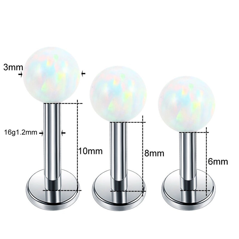 16G surgical steel labret stud with opal gem, internally threaded design for comfortable lip, cartilage, and tragus piercings.