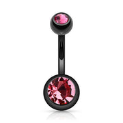 14G PVD coated surgical steel belly button ring with double cubic zirconia gems and externally threaded design for easy insertion