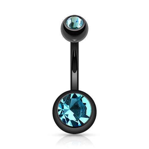 14G PVD coated surgical steel belly button ring with double cubic zirconia gems for a stylish and elegant look