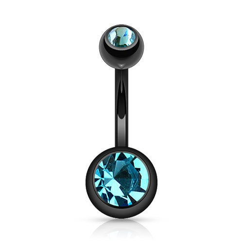Surgical Steel • Black, Navel Belly Button Ring, 14G, PVD Coated, Double Jeweled, Cubic Zirconia, Externally Threaded • Vital Body Jewelry
