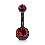 14G PVD coated surgical steel navel belly button ring with double cubic zirconia gems, featuring a sleek black finish and externally threaded design