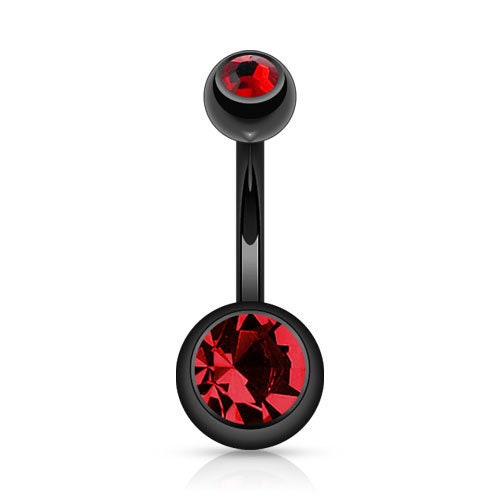 14G PVD coated surgical steel navel belly button ring with double cubic zirconia gems, featuring a sleek black finish and externally threaded design