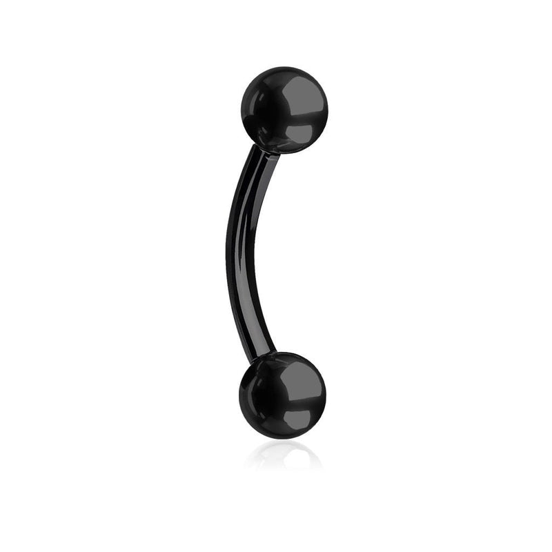 14G PVD coated surgical steel eyebrow ring with a sleek black curved barbell and 3mm ball ends for comfortable wear.
