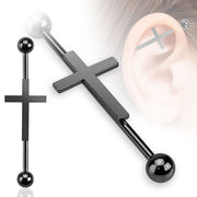 14G PVD coated surgical steel industrial barbell with cross design and 5mm ball ends for stylish body jewelry.