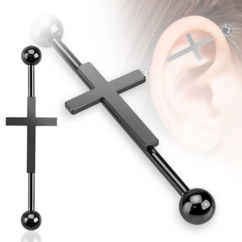 14G PVD coated surgical steel industrial barbell with cross design and 5mm ball ends for stylish body jewelry.