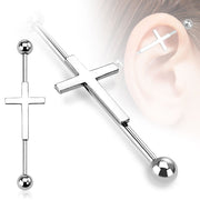 14G PVD coated surgical steel industrial barbell with cross design and 5mm ball ends for ear or body piercings