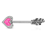 14G surgical steel nipple barbells with arrow heart design featuring opal and cubic zirconia outline for stylish body jewelry.