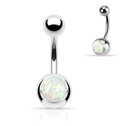 14G surgical steel navel ring with opal glitter finish for a sparkling and elegant look, featuring 5mm and 8mm ball ends.