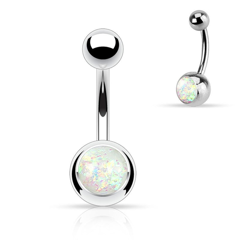 14G surgical steel navel ring with opal glitter finish for a sparkling and elegant look, featuring 5mm and 8mm ball ends.