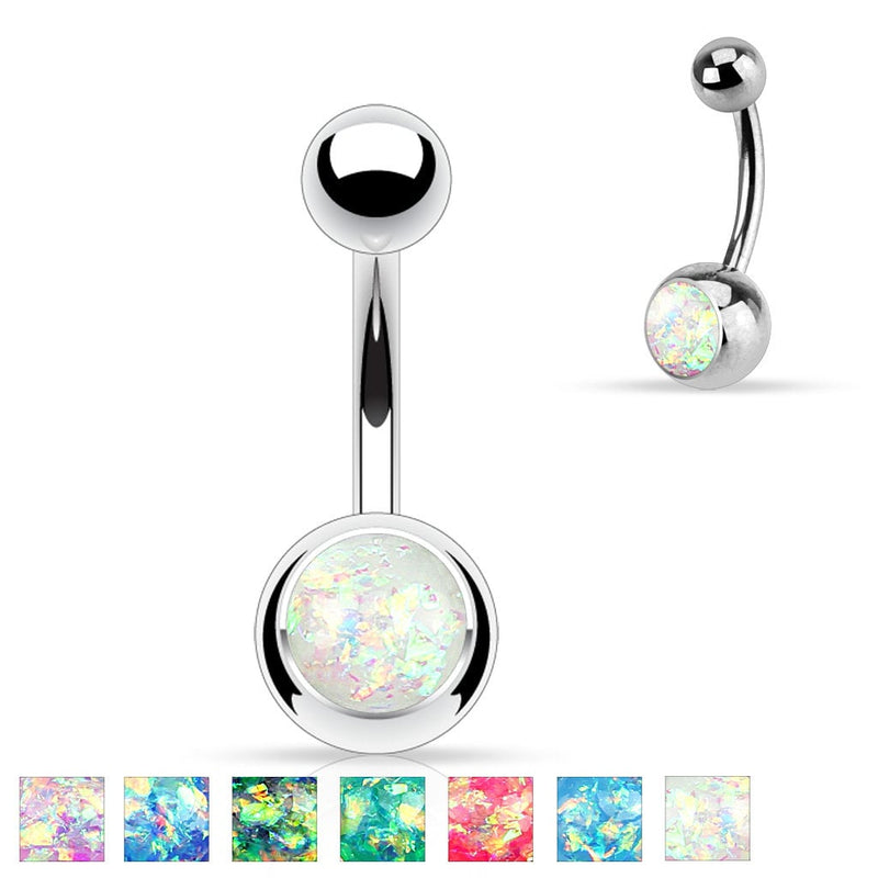 14G surgical steel navel ring with an eye-catching opal glitter finish for a sparkling, stylish look