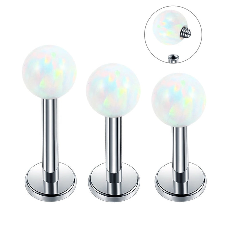 16G surgical steel labret stud with opal gem, internally threaded design for comfort in lip and cartilage piercings