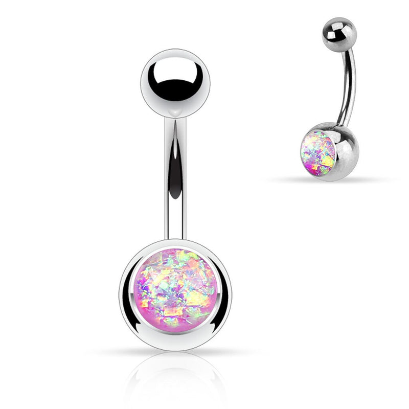 14G surgical steel navel ring with opal glitter finish and externally threaded design for secure, comfortable wear