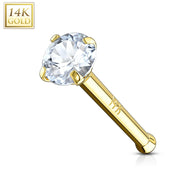 20G 14K gold nose bone stud with 2mm cubic zirconia gem designed for easy insertion and comfortable all-day wear
