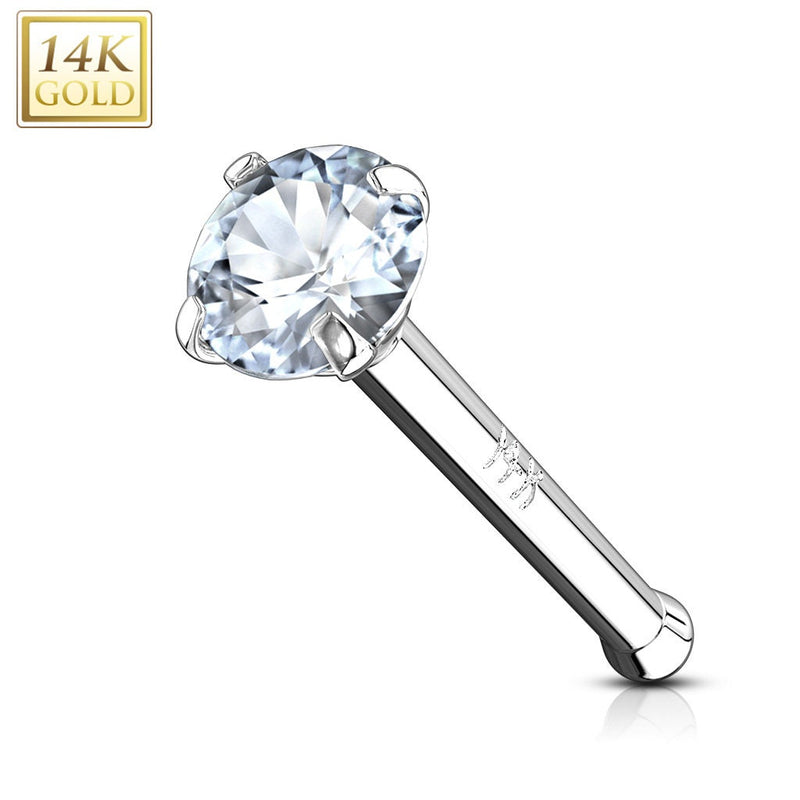 20G 14K gold nose bone stud with 2mm cubic zirconia gem, designed for comfortable wear and easy insertion.