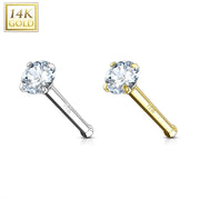 20G 14K gold nose bone stud with 2mm cubic zirconia gem, designed for comfort and easy insertion.