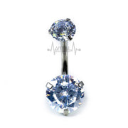 14G titanium navel ring with double cubic zirconia gems, internally threaded style for comfortable wear and a sleek design.