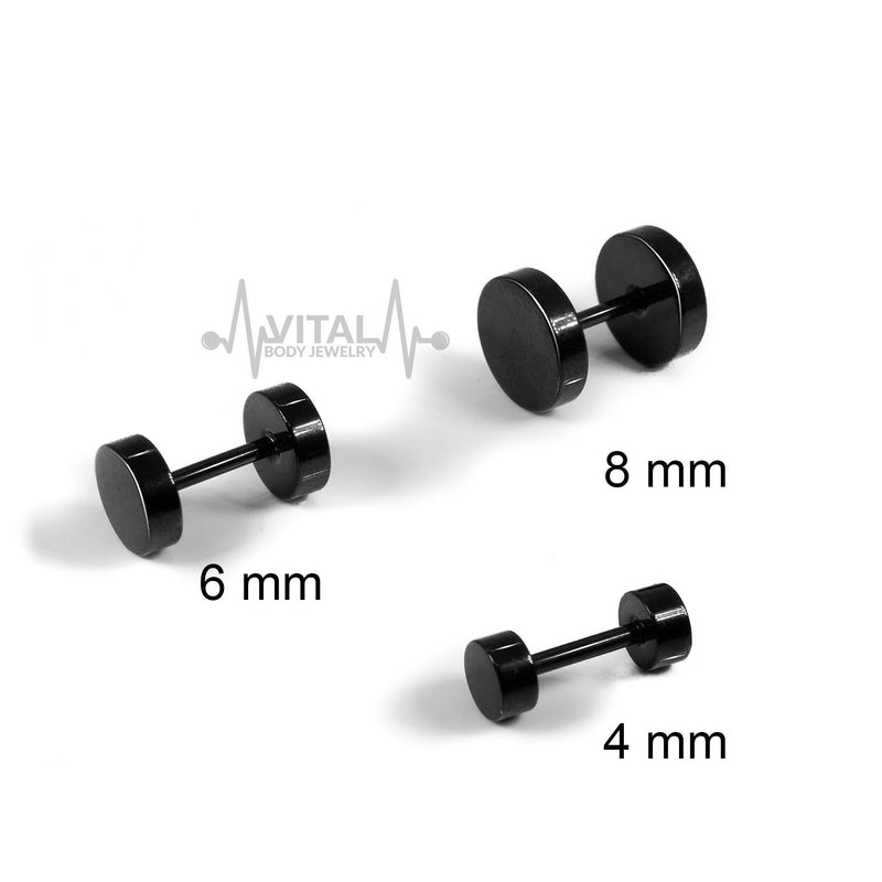 16G PVD coated surgical steel fake plugs in black finish with externally threaded design for a stylish look without the commitment.