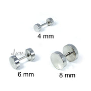 16G PVD coated surgical steel fake plugs in black finish with external threads, designed for a comfortable and stylish look of stretched earlobes.