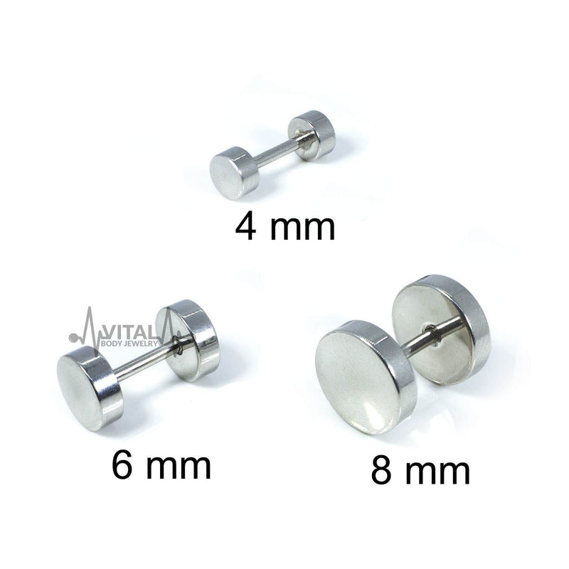 16G PVD coated surgical steel fake plugs in black finish with external threads, designed for a comfortable and stylish look of stretched earlobes.