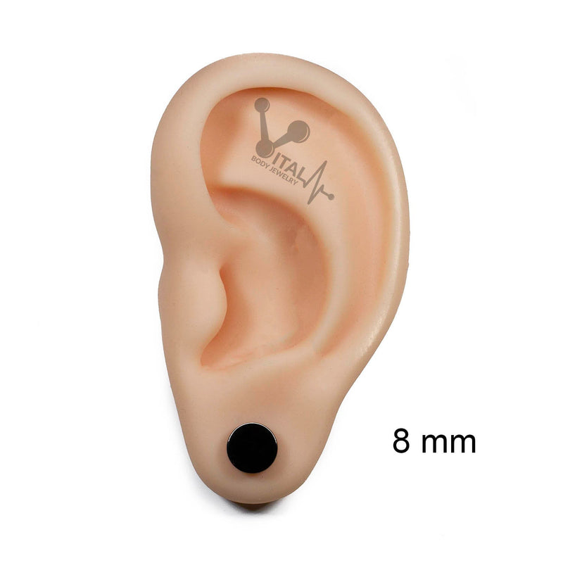 16G PVD coated surgical steel fake plugs in black finish with securely externally threaded design for a stylish look without commitment