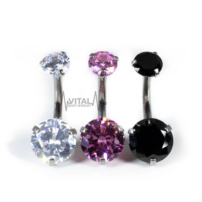 Titanium Navel Belly Button Ring , 14G, Large Prong Set, Double Jeweled, Cubic Zirconia Gems - Vital Body Jewelry