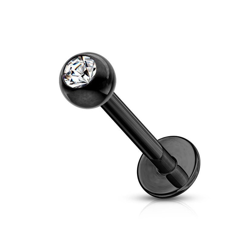 16G surgical steel labret stud with 3mm cubic zirconia gem balls, externally threaded design for comfortable lip or tragus piercings