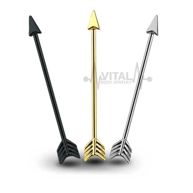 14G PVD coated surgical steel industrial barbell with arrow design for durable and stylish body piercing