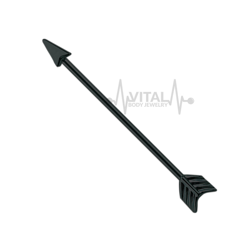 14G PVD coated surgical steel industrial barbell with arrow design, 1.5 inches long for unique piercings and easy maintenance.