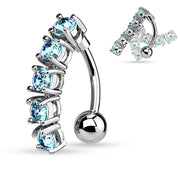 14G surgical steel navel belly ring with five cubic zirconia gems in a vertical drop design for a sparkling and stylish look