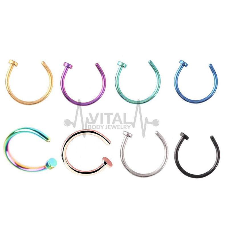 18G PVD coated surgical steel open nose ring with adjustable half hoop design for a comfortable fit and stylish look