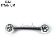 14G titanium nipple barbells with 5mm gem ends, featuring an internally threaded design for comfort and easy insertion.