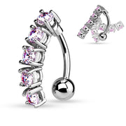 14G surgical steel navel belly ring with five cubic zirconia gems in a vertical drop dangle design for a sparkling look