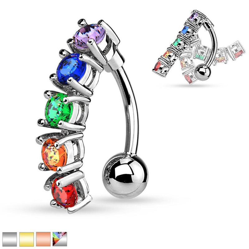 14G surgical steel navel belly ring with five cubic zirconia gems in a vertical drop design for added elegance and sparkle
