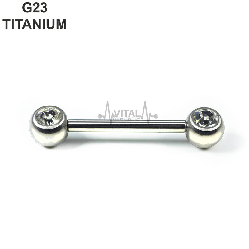 14G titanium nipple barbells with 5mm gem ends, featuring an internally threaded design for comfort and secure fit.