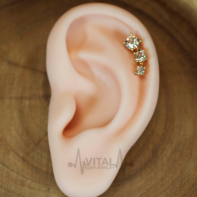 16G surgical steel cartilage earring with triple cubic zirconia gems and sleek black PVD coating for a stylish look and comfortable wear.