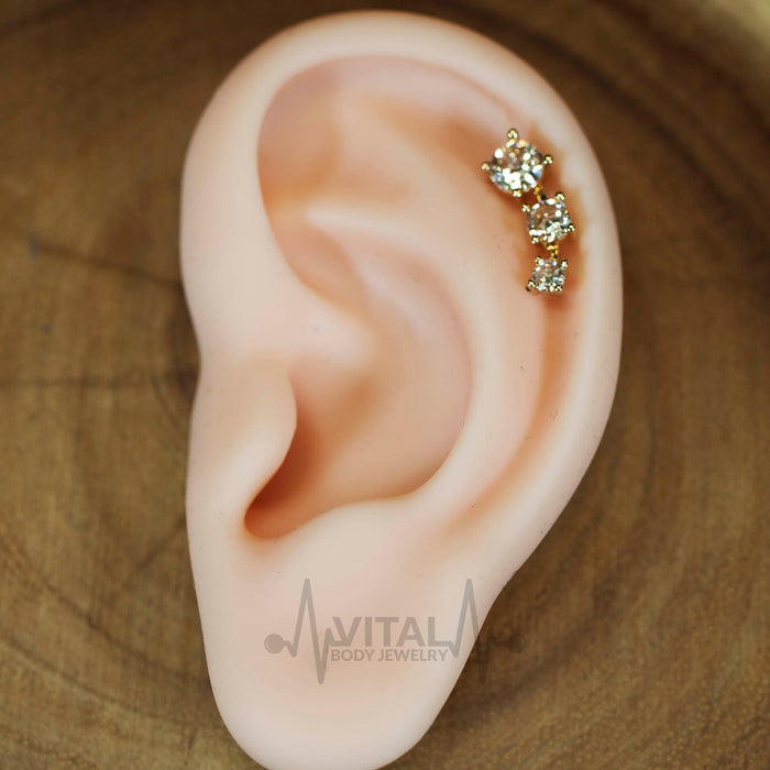 Triple CZ Gem Cartilage Earring, 16 Gauge, Surgical Steel Rose Gold Black and Silver color