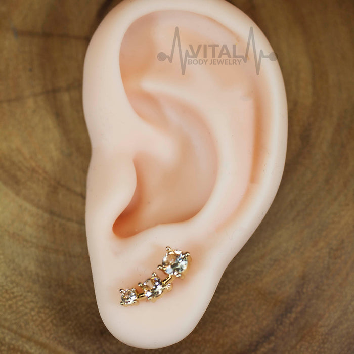 Triple CZ Gem Cartilage Earring, 16 Gauge, Surgical Steel Rose Gold Black and Silver color