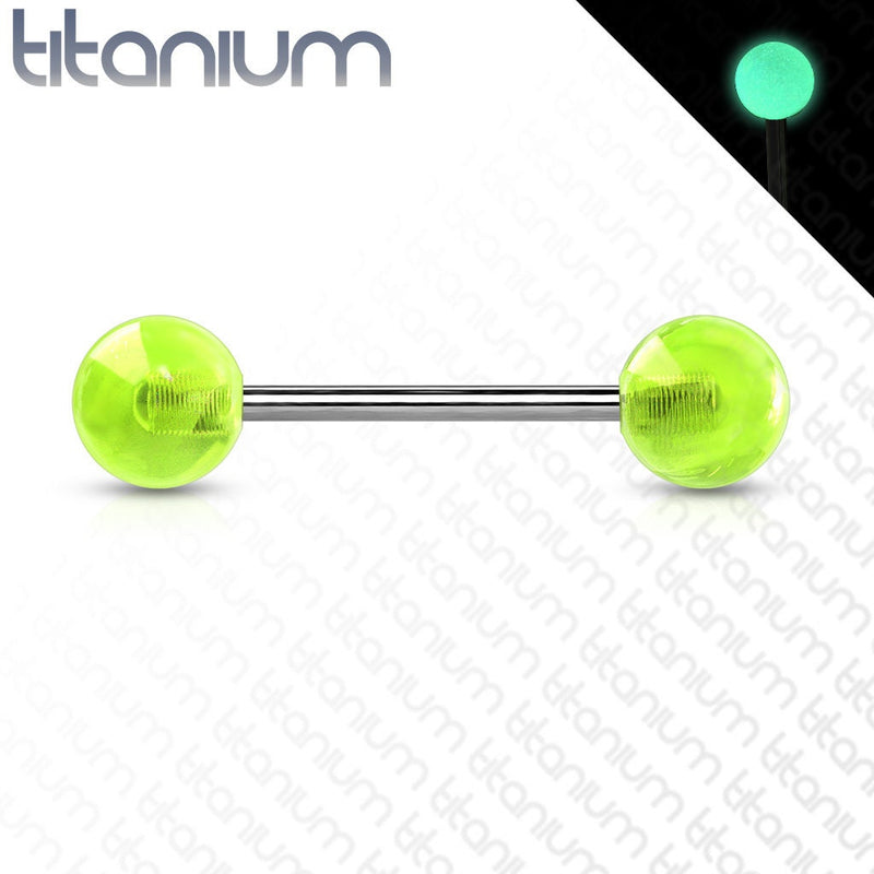 14G titanium tongue nipple barbell with glow-in-the-dark balls for piercing, ideal for comfort and style