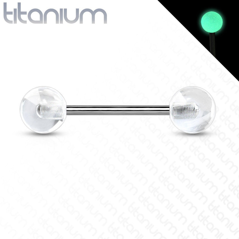 14G titanium tongue nipple barbell with glow in the dark balls for unique illumination style and comfort during wear