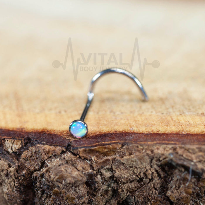 Tiny 22G Opal Nose Ring, Cork Screw, Press Fit, 316L Surgical Steel, Multicolor - Vital Body Jewelry