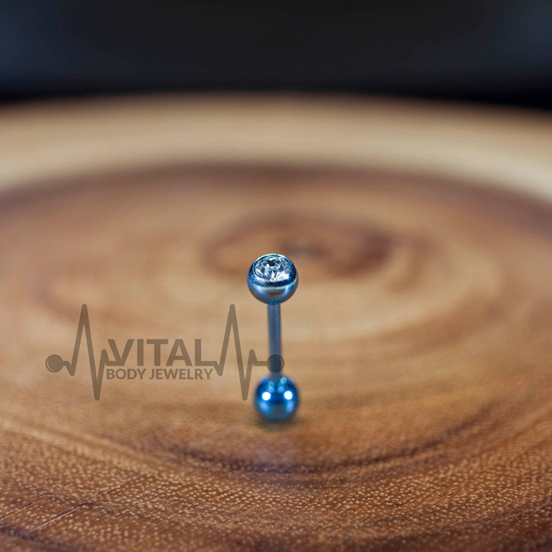 14G PVD coated surgical steel tongue ring with a colorful ball end for comfortable daily wear and minimal irritation