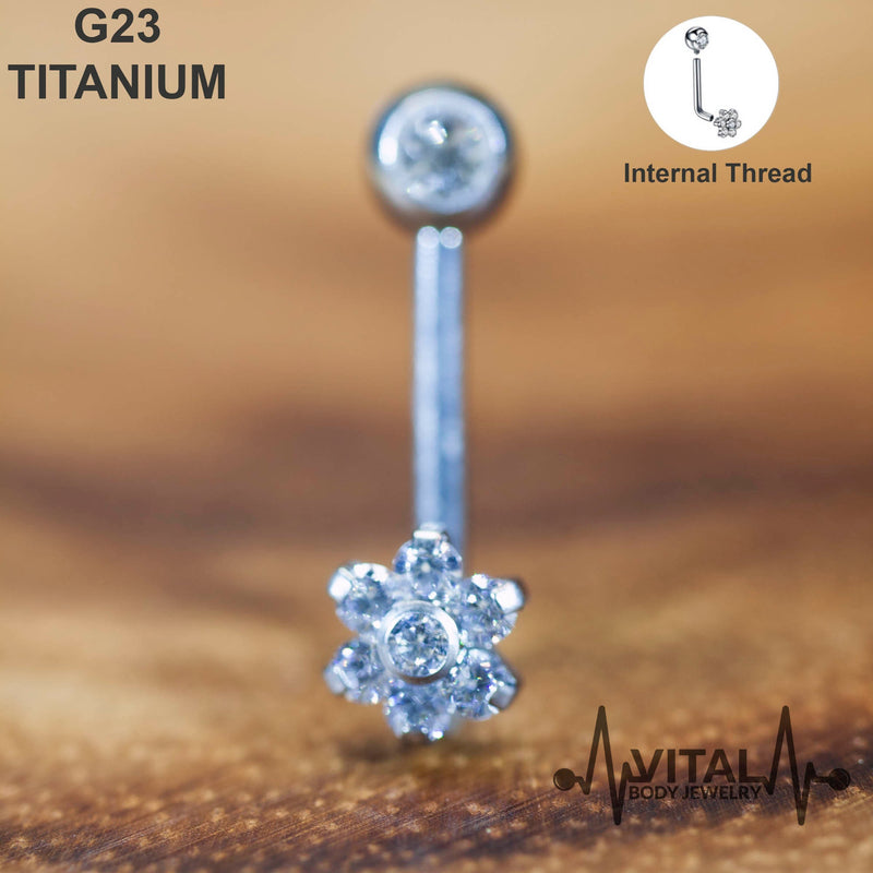 14G G23 Titanium Vertical Hood, VCH Barbell, Flower Jewel, Internally Threaded - Vital Body Jewelry