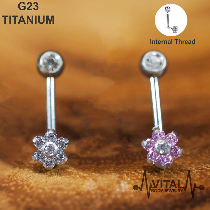 14G G23 Titanium Vertical Hood, VCH Barbell, Flower Jewel, Internally Threaded - Vital Body Jewelry