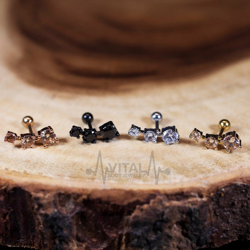 16G surgical steel cartilage earring with three sparkling cubic zirconia gems for a touch of glamour and lightweight comfort.