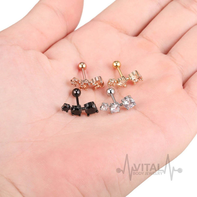 16G surgical steel cartilage earring with three cubic zirconia gems in a stylish design, PVD coated for durability and a luxurious black finish