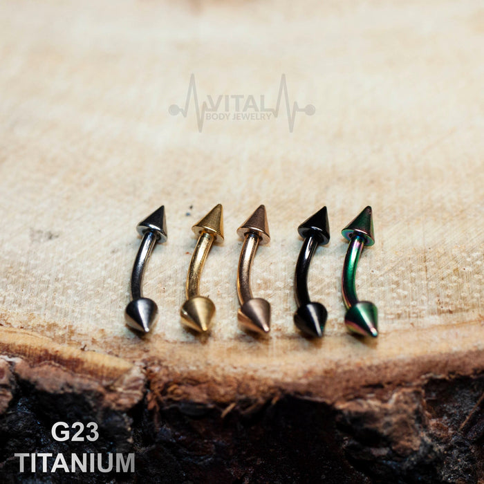 16G G23 Titanium Eyebrow Ring, Curbed Barbell with Spike Ends - Multiple Colors, Gold, Rose Gold, Black, Silver and Rainbow