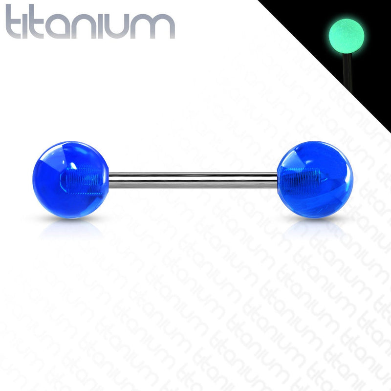 14G titanium tongue nipple barbell with glow-in-the-dark balls, featuring a smooth finish for comfortable wear and easy insertion