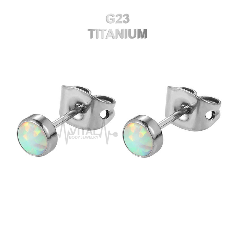 Pair of Titanium Opal Stud Earrings, White, Aqua and Purple Colors - Vital Body Jewelry