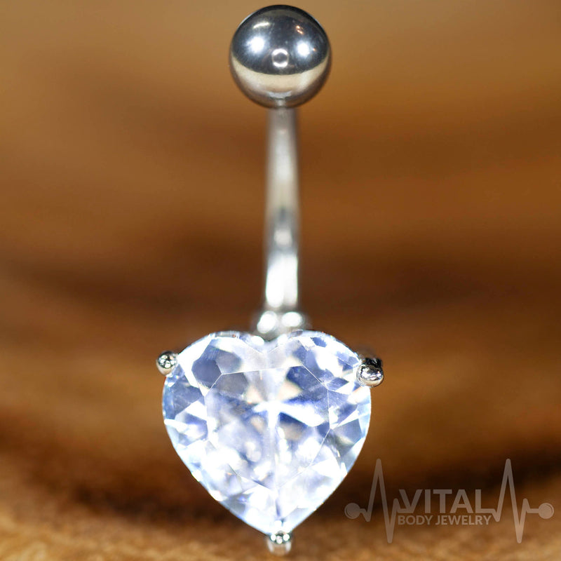 14G surgical steel belly ring with heart shape cubic zirconia gem, non-dangle and externally threaded design for easy wear